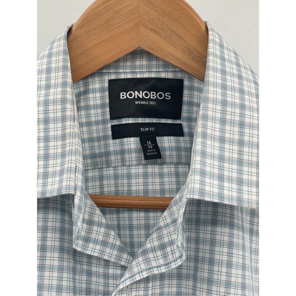Bonobos Button Down Shirt Men Size Medium Slim Fit Green White Check Long Sleeve
